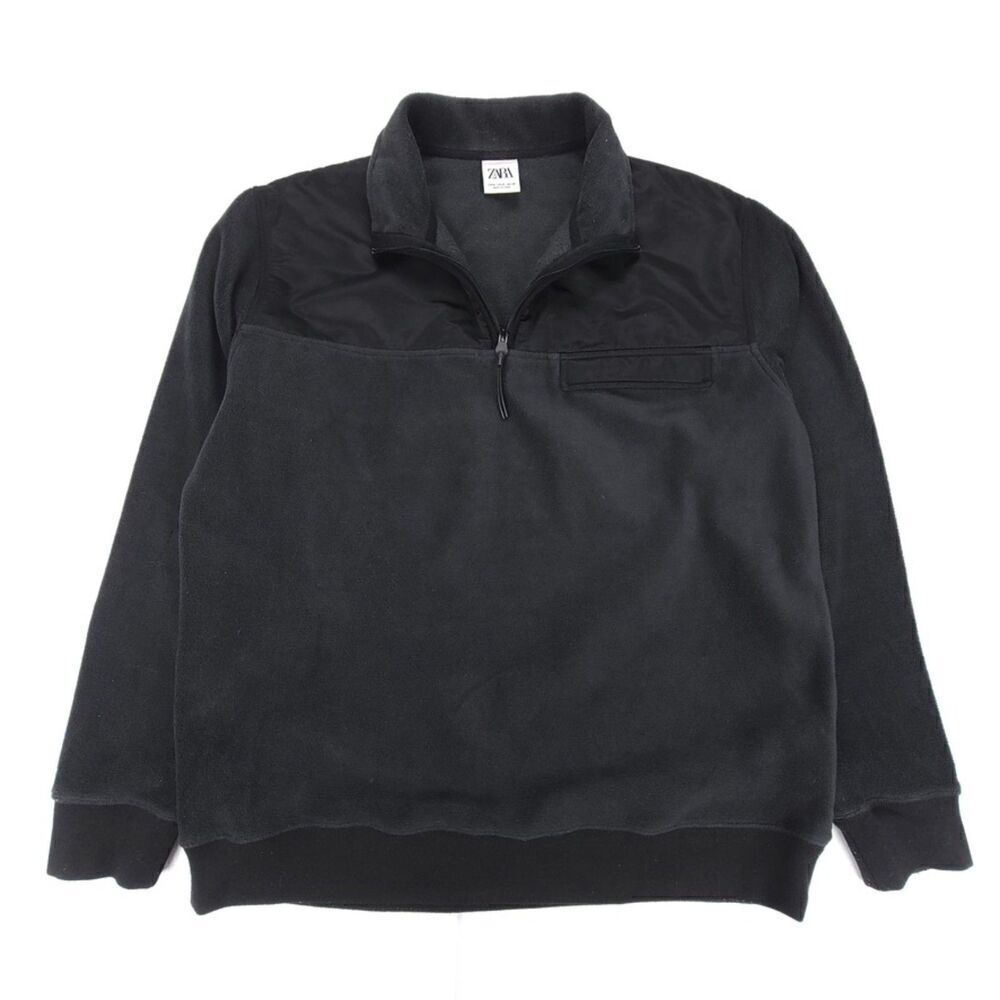 ZARA MAN Mixed Media Fleece Quarter Zip Pullover Sweatshirt Mens Medium Black